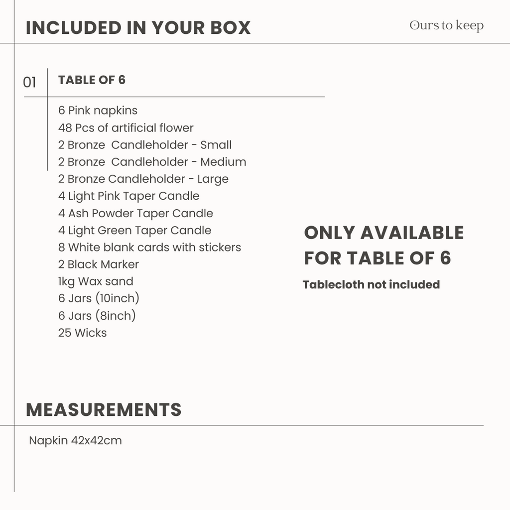 A checklist titled 'Included in Your Box' for a pink tablescape for a table of 6, listing items like napkins, artificial flowers, candleholders, candles, cards, markers, wax sand, jars, and wicks. A note says 'ONLY AVAILABLE FOR TABLE OF 6, Tablecloth not included'. Measurements for the napkin are 42x42cm."