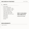 A checklist titled 'Included in Your Box' for a pink tablescape for a table of 6, listing items like napkins, artificial flowers, candleholders, candles, cards, markers, wax sand, jars, and wicks. A note says 'ONLY AVAILABLE FOR TABLE OF 6, Tablecloth not included'. Measurements for the napkin are 42x42cm."