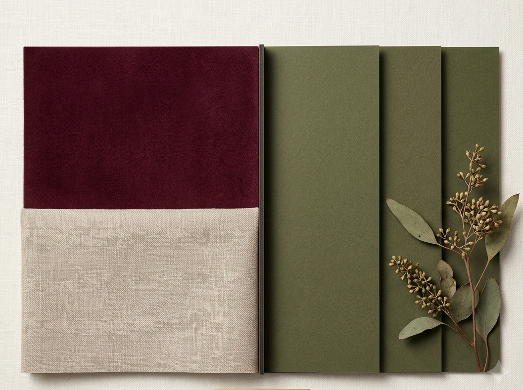 A folded fabric palette set labeled displaying the palette for the Wholeverse Christmas set.  on a light textured background, featuring a deep burgundy velvet section, a beige linen section, and olive green pleated fabric panels, styled with dried botanicals.