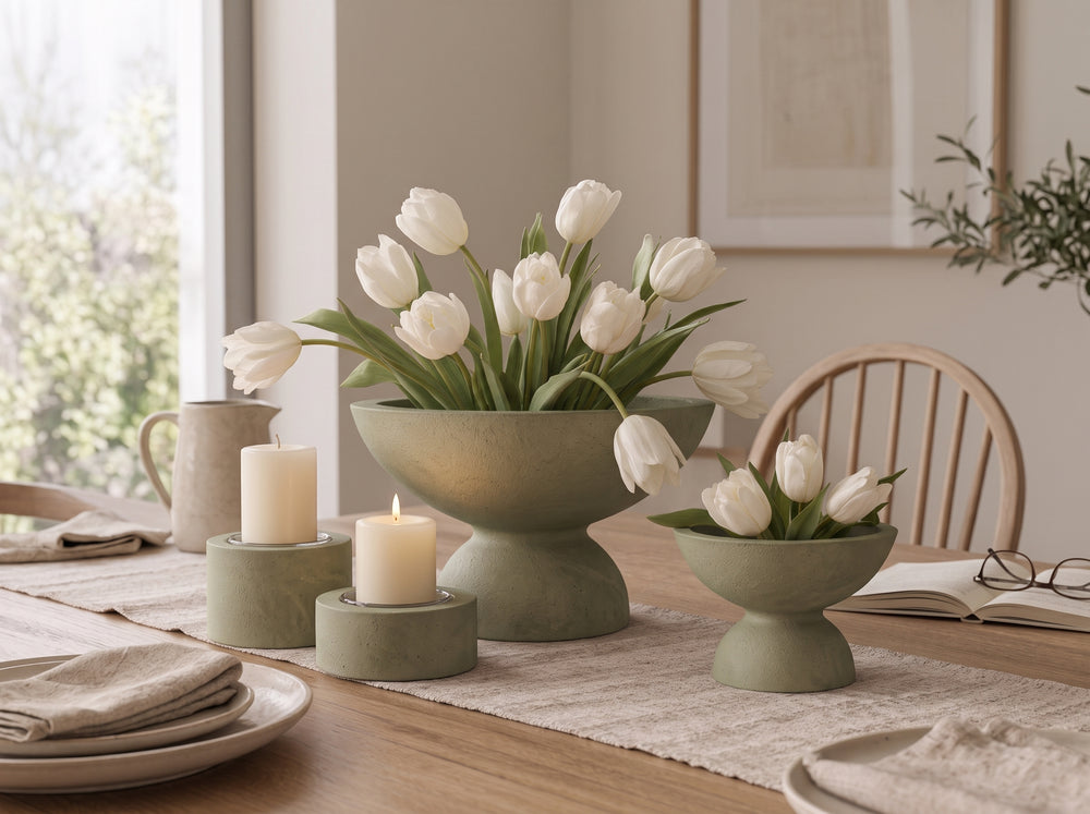 A styled dining table centerpiece arrangement featuring matte sage green pedestal bowls and cylindrical holders, including a large bowl filled with white tulips, a smaller matching bowl with white tulips, and two white pillar candles on a woven runner.